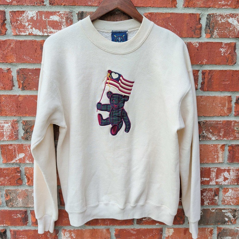 Oarsman 913 Sweatshirt Mens Medium Cream Plaid Teddy Bear American Flag Vintage